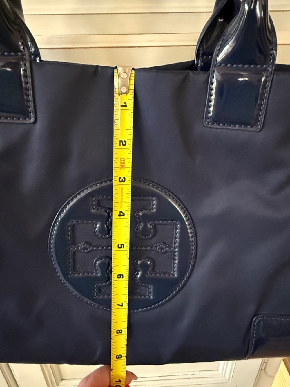 Tory Burch Navy Logo Tote with Patent Handles - Picture 5 of 6